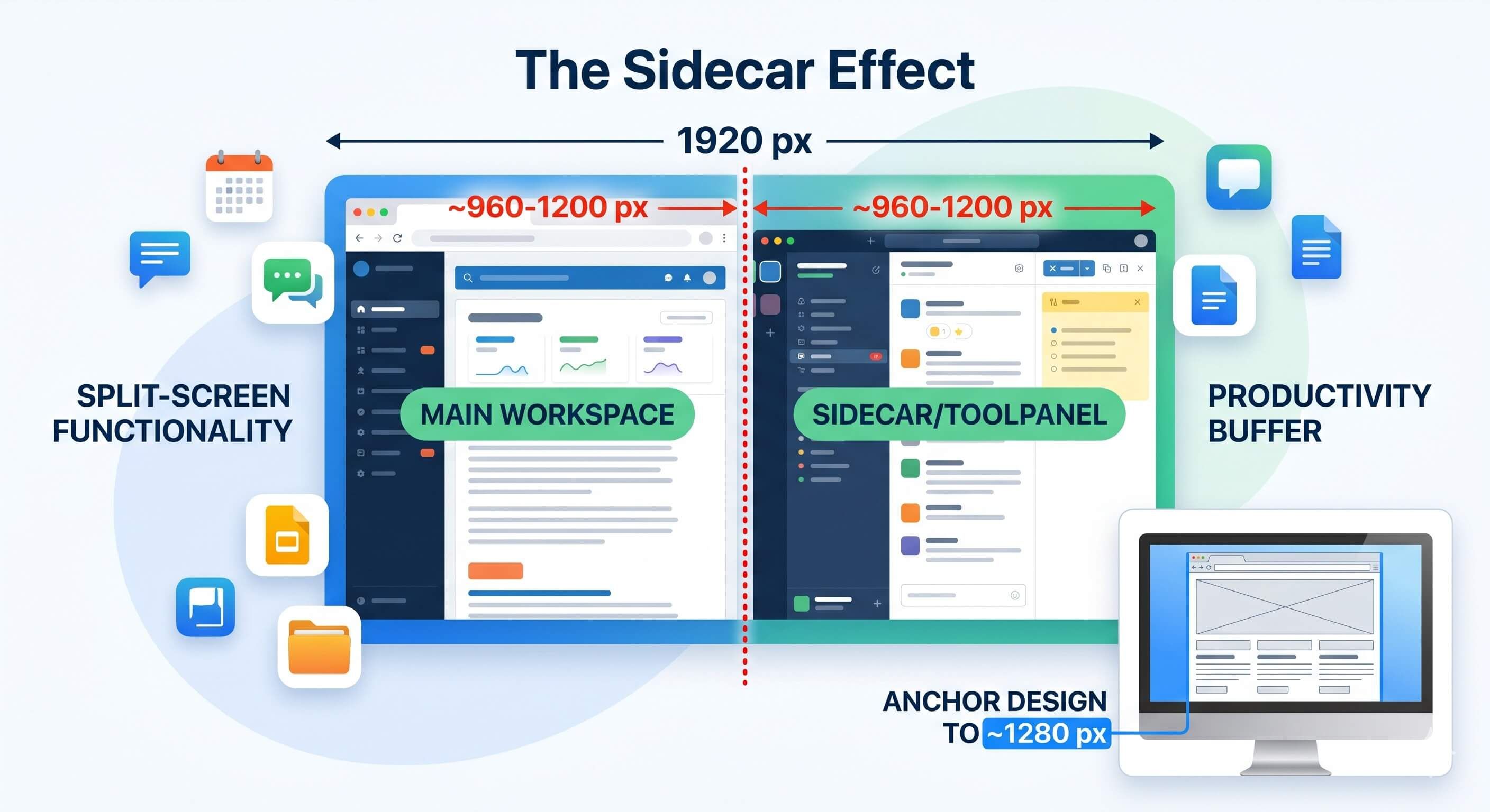 Diagram illustrating how split-screen usage on a 1920px display can result in effective viewport widths of around 960-1200px per window